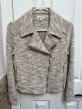 Max Studio Neutral Tweed Asymmetrical Zip Blazer